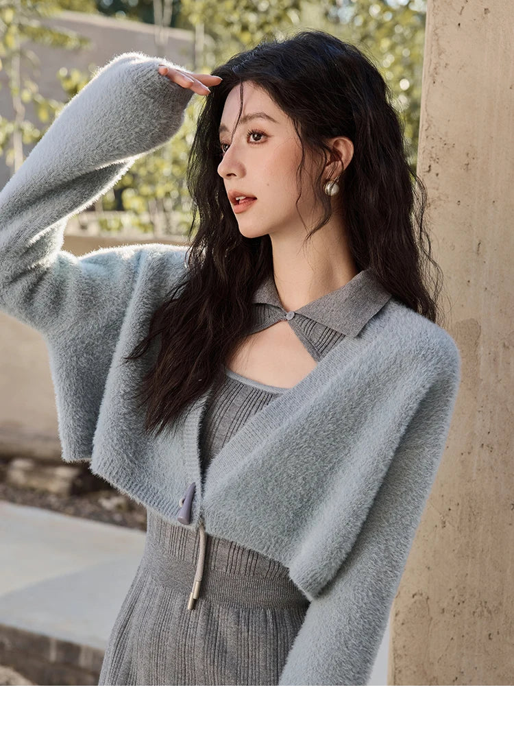 MISHOW Women’s Sweater Top Dress Separately 2024 Fall Winter Fashion Imitation Mink Fur Sweet Coat Knitted Dress MXD45L2043