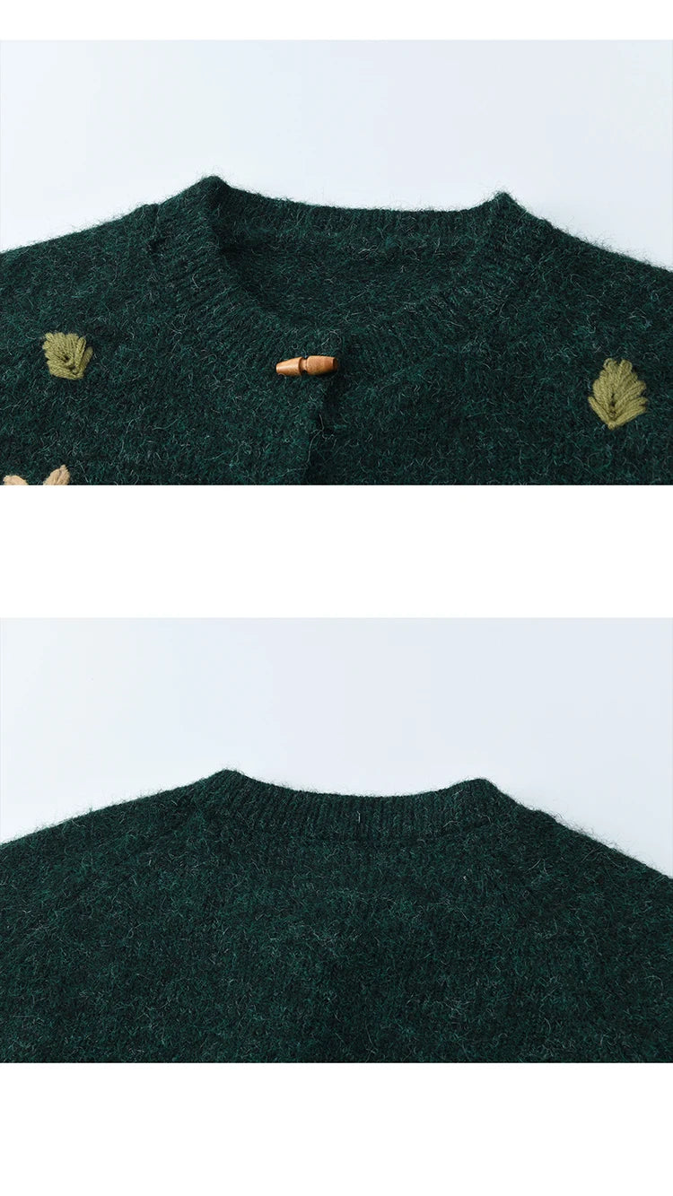 MISHOW Women's Winter Cardigan 2025 New Retro Flower Embroidery Green Knitted Cardigan Casual Long-sleeved Tops MXE86Z2729
