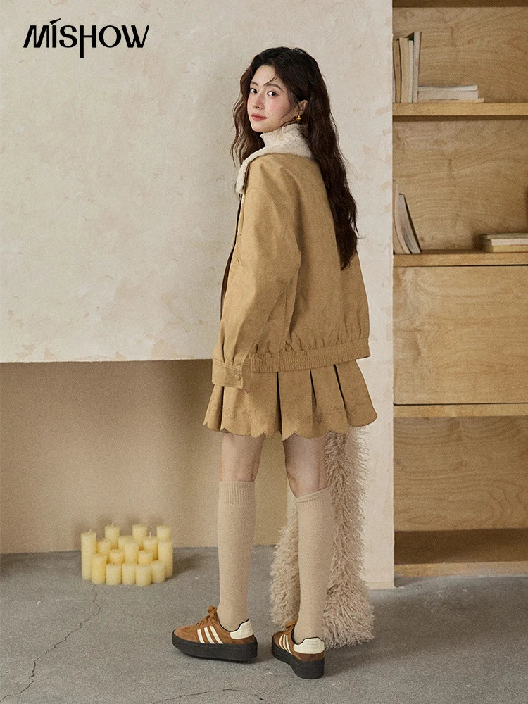 MISHOW Women's Floral Embroidered Jacket 2025 Winter French Style Yellow Plush Lapel Zip-up Coat Loose Warm Jacket MXE87W0932