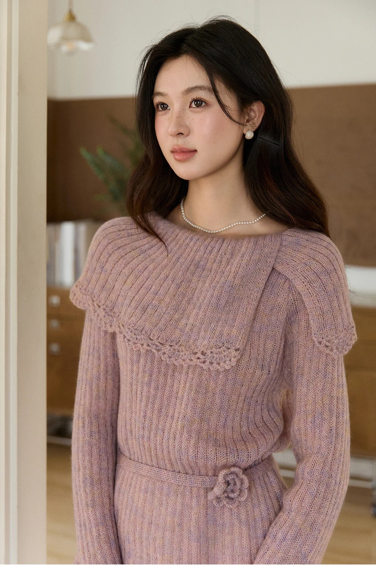 MISHOW Women's Pink Ribbed Knitted Sweater 2026 Spring Large Collar Lace Trim Belted Waist Long Sleeve Pullover Tops MXF11Z2901
