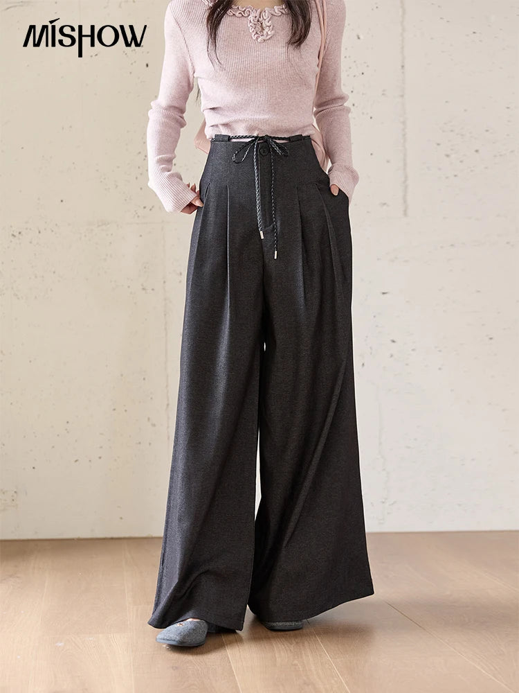 MISHOW Women's Trousers 2025 Autumn Winter Lace-up Gray Wide-leg Pants High Waist Slim Commuting Casual Pants Women MXE51K1106