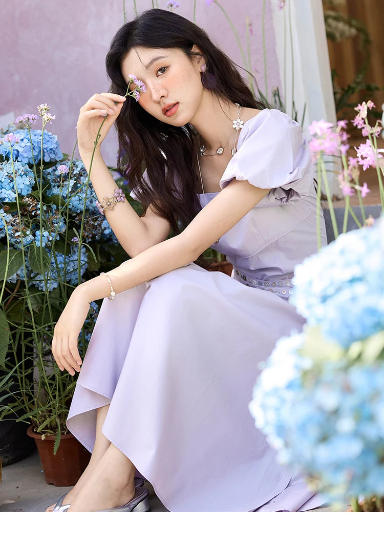 MISHOW French Purple Dresses Women Summer 2025 Solid Short Puff Sleeve Square Neck Slimming Dress Woman New Fashion MXE34L2222