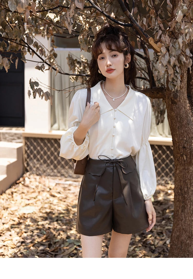 MISHOW Elegant Women's Blouse Autumn Vintage French Lantern Sleeves Turndown Collar Shirt Office Lady Female Clothing MXB32C0508