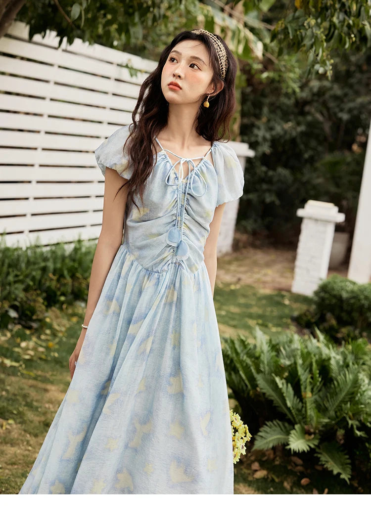 MISHOW V-Neck Lace-Up Puff Sleeve Midi Dress MXE34L2227