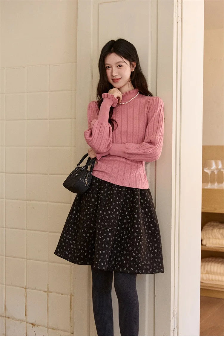 MISHOW Women's Half Turtleneck Ruffle Trim Lantern Sleeve Bottoming Tops 2025 Winter Vertical Rib Slim Knitted Top MXE93Z2810