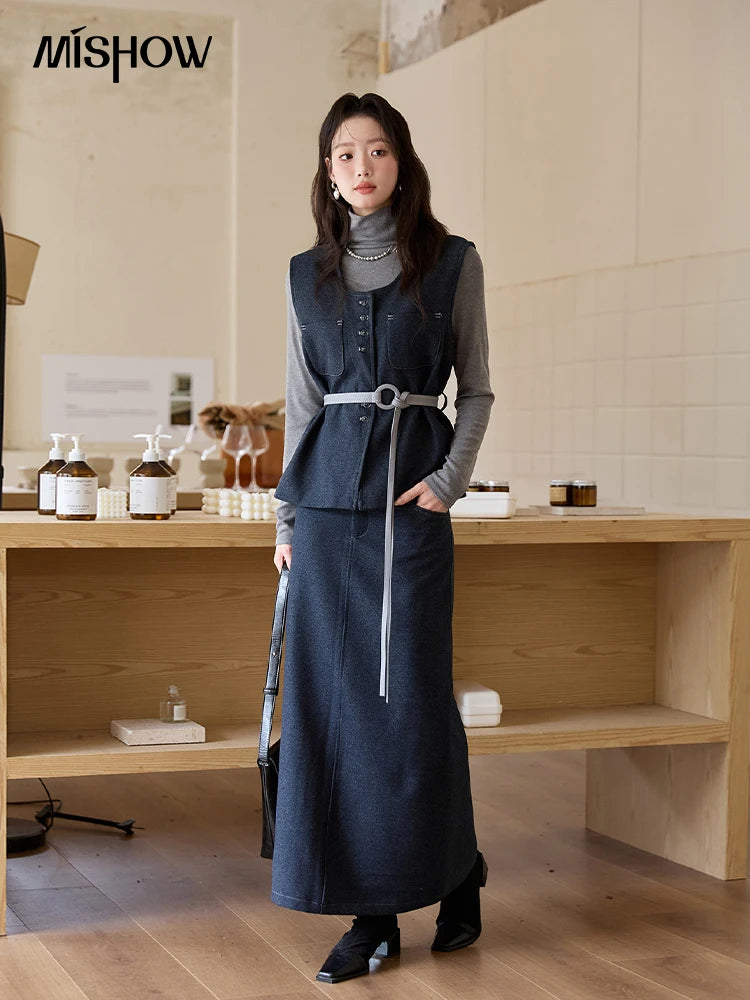 MISHOW Blue Three-piece Suit for Women 2025 Autumn Sleeveless Vest Straight Midi Skirt Slim Knit Tops Skirt Set  MXE49T1421