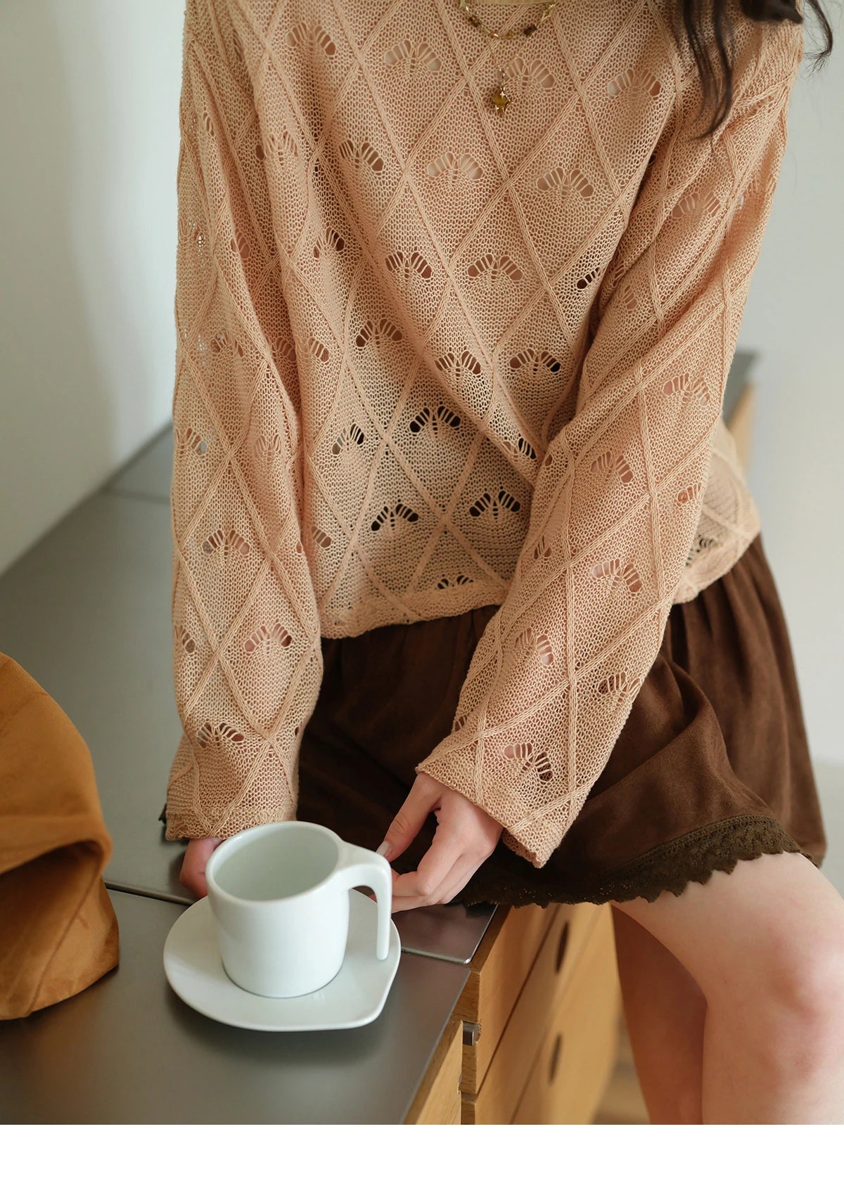 MISHOW Women's Diamond Patterned Knitted Top 2025 Autumn Bohemian Hollowed Out Thin Top Scoop Neck Knitted Sweaters MXE42Z1332