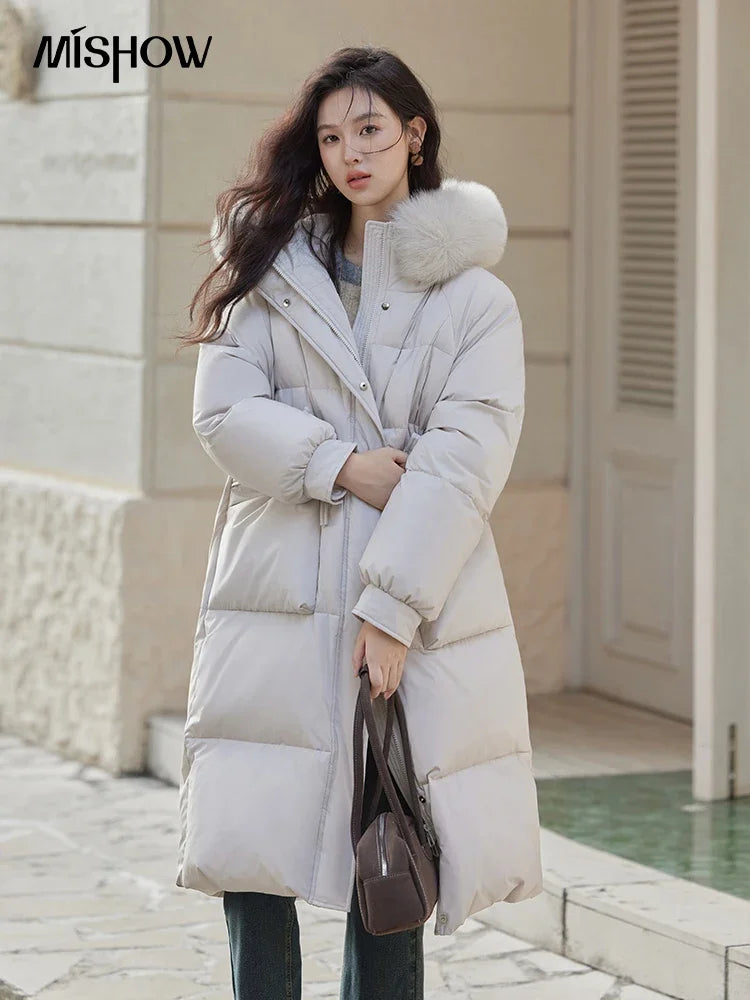 MISHOW Long Hooded Down Coats Fox Fur Collar Bread Jacket Duck Down Quilt Clothing 2024 Winter Women Thickened Coat MXD56Y0054