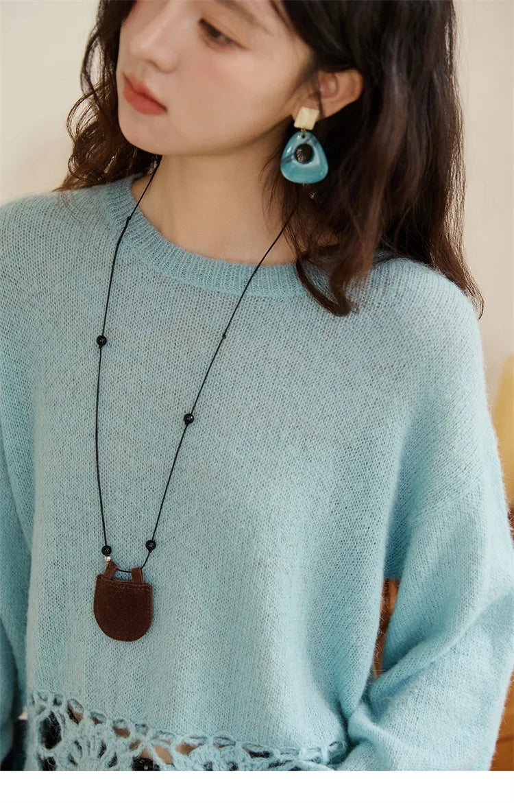 MISHOW Woman Sweaters 2025 Elegant French Hollow Out Floral Sweater Loose O-neck Long Sleeves Knit Top Autumn Clothes MXE44Z2491