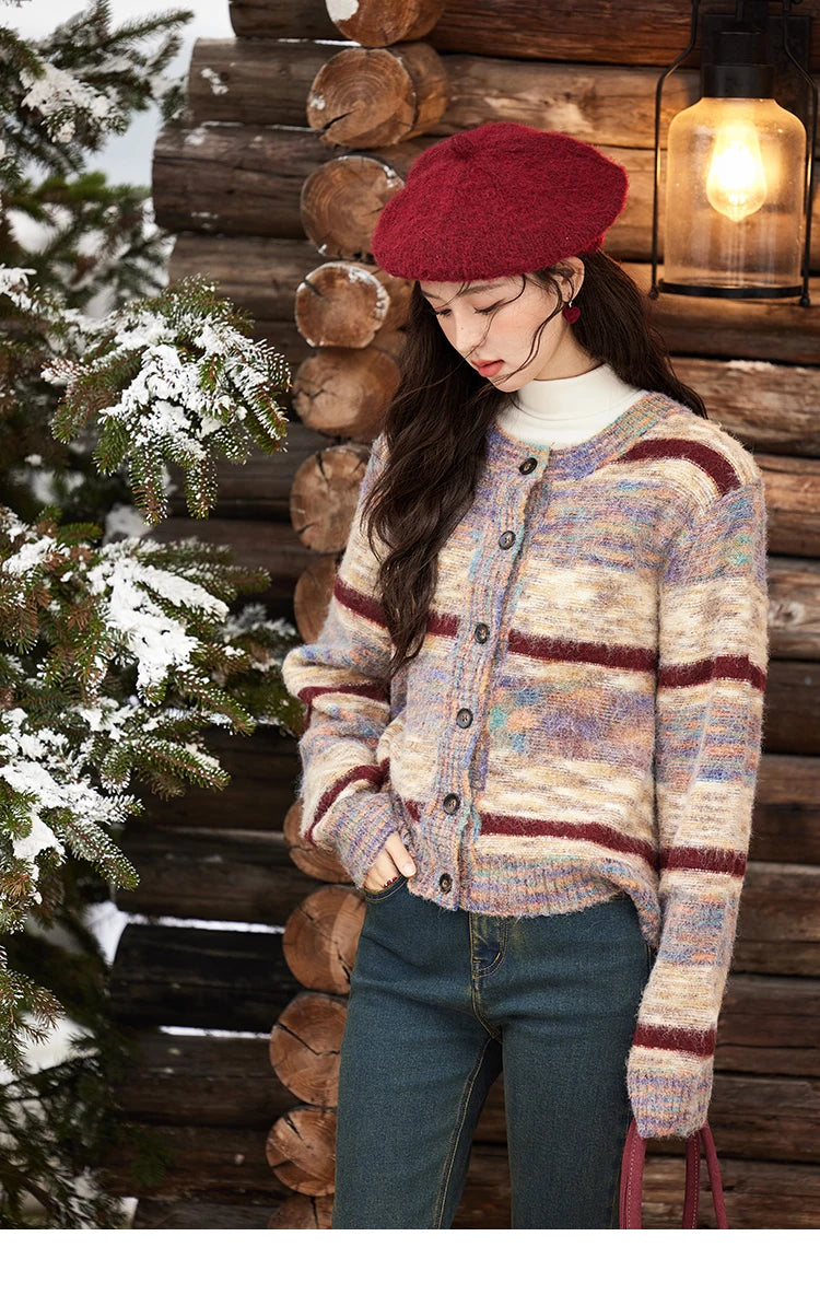 MISHOW Striped Sweaters Short Contrast Color Loose Casual O-Neck Single Breasted Tops Soft Warm Knitted Cardigans MXD59Z1061