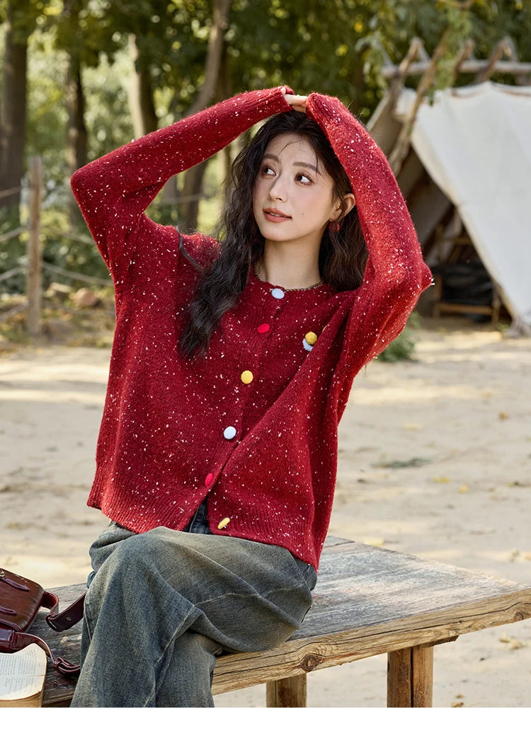 Mishow Smile Embroidery Contrast Color Wool Cardigan MXD35Z0988