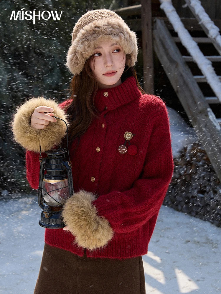 MISHOW Women's Red Knitted Cardigan Autumn Winter Cable Knitted Stand Collar Single-breasted Warm Loose Outerwear MXE92Z2827