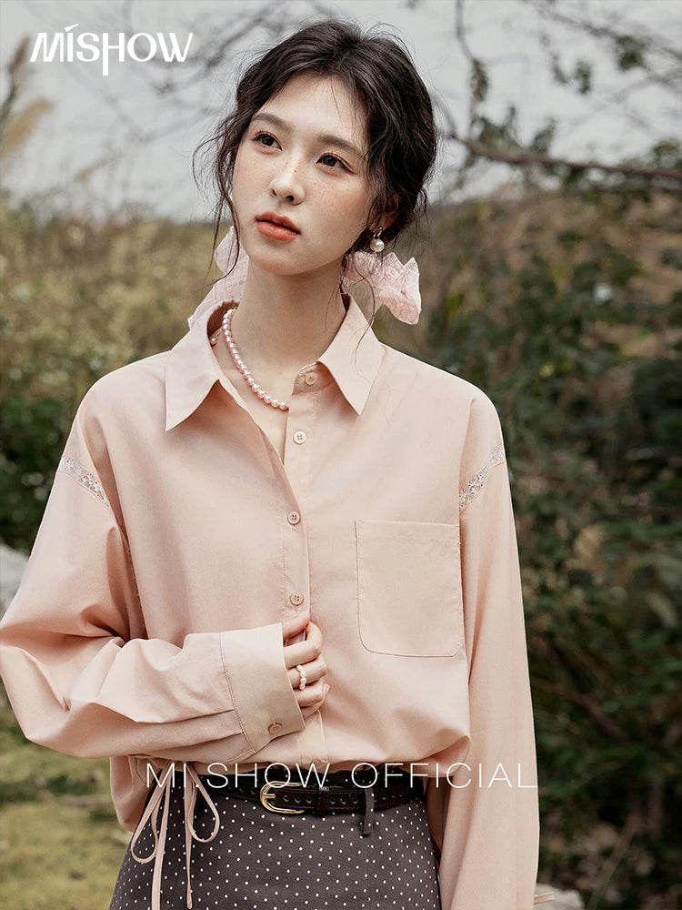 MISHOW Pink Long Sleeve Shirt for Women Spring 2025 Korean Splicing Lace Bow Tie Shirt Polo-neck Solid Versatile Tops MXE16C0767