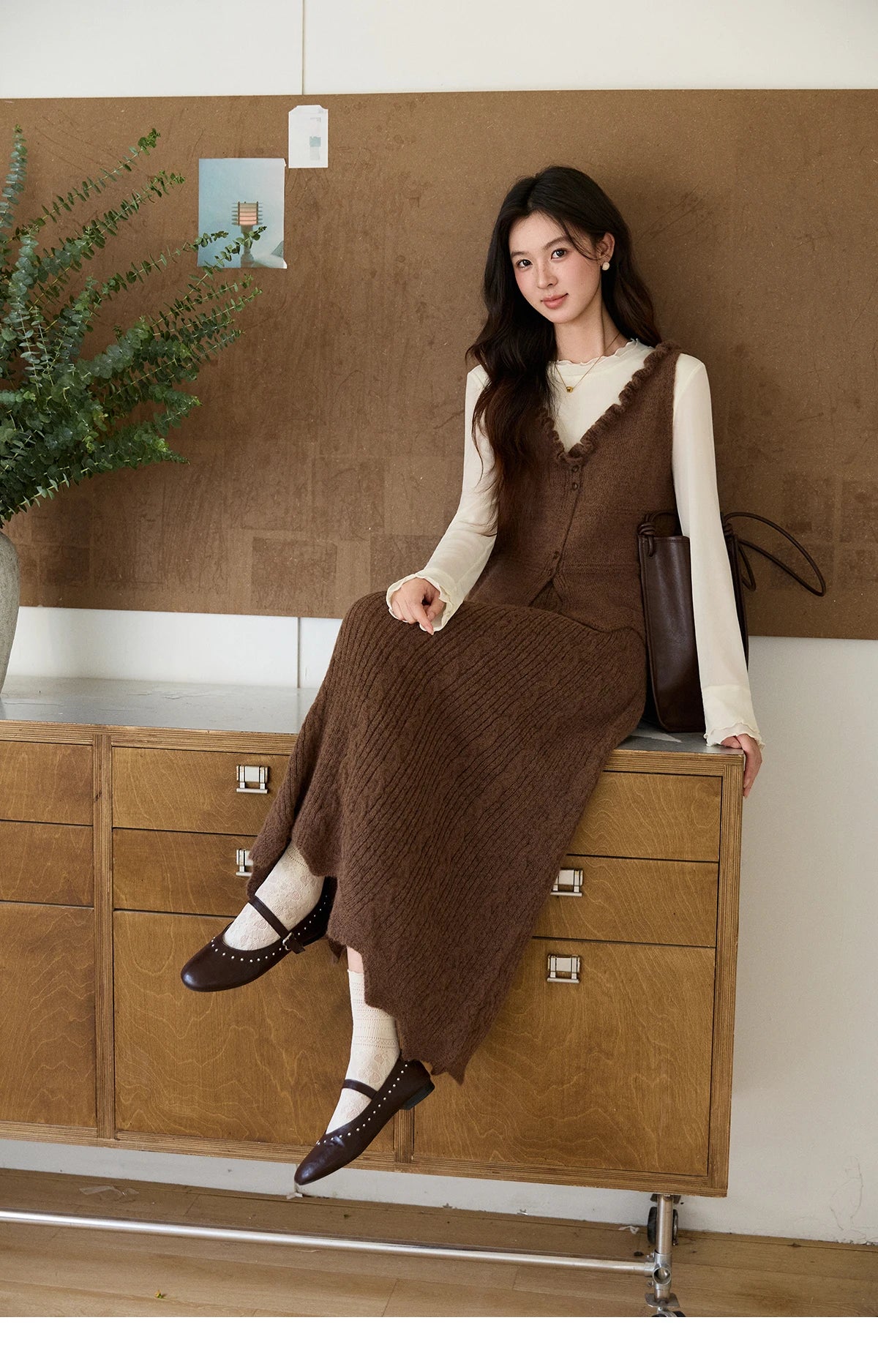 MISHOW Women's Brown Two-Piece Set 2026 Spring Knitted Vest V-Neck Cable Knit Maxi Skirt Casual Retro Warm Outfit MXF11T1460