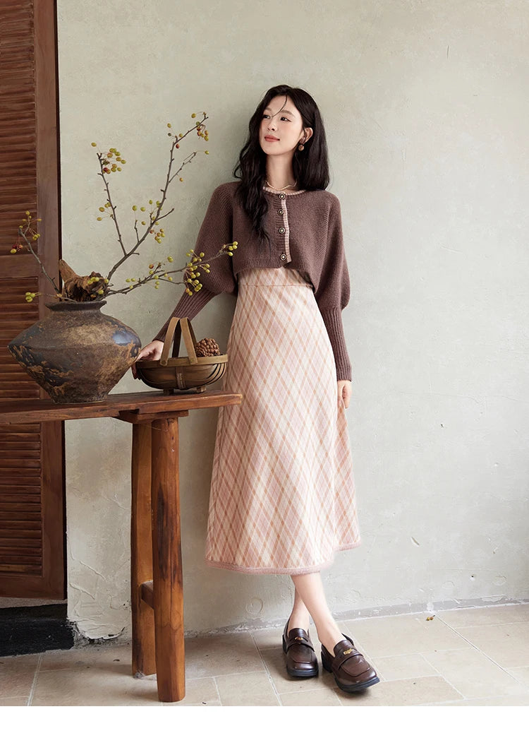 MISHOW French Vintage Dress O Neck Knitted Cardigan Separately Women Sweet Knitted Short Sweater Plaid Camisole Dress MXD43L2012