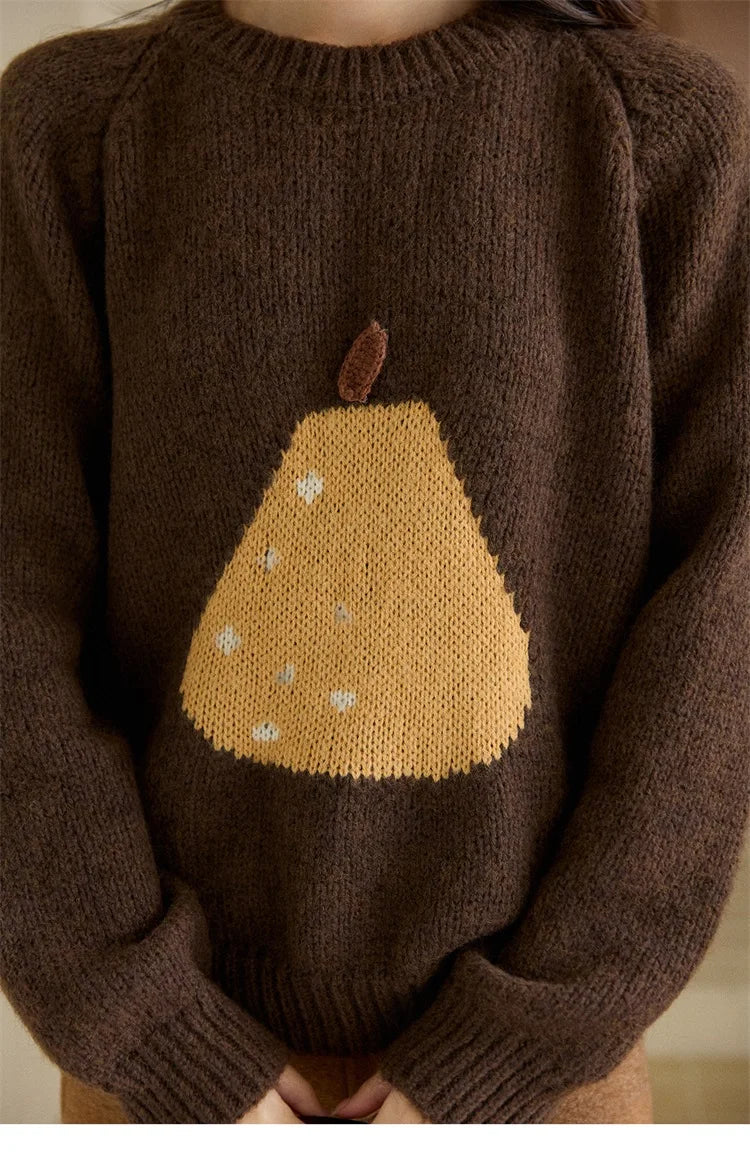 MISHOW Pear Pattern Jacquard Knitted Sweater Autumn Winter Crew Neck Loose Sweaters Wool Blend Warm Pullover Tops MXE94Z2959