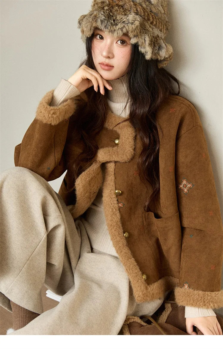 MISHOW Women Brown Jacket 2025 Winter Retro Stand Collar Single-Breasted Windproof Coat Comfortable Long-Sleeve Coat MXE86W0910