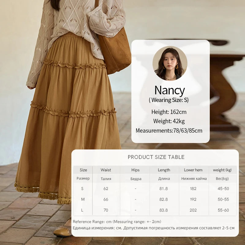 MISHOW Retro Orange 100 Lyocell Skirt 2025 Autumn Black Fungus Edge A-line Skirts Elastic High Waist Hem Tassel Skirt MXE42B2386