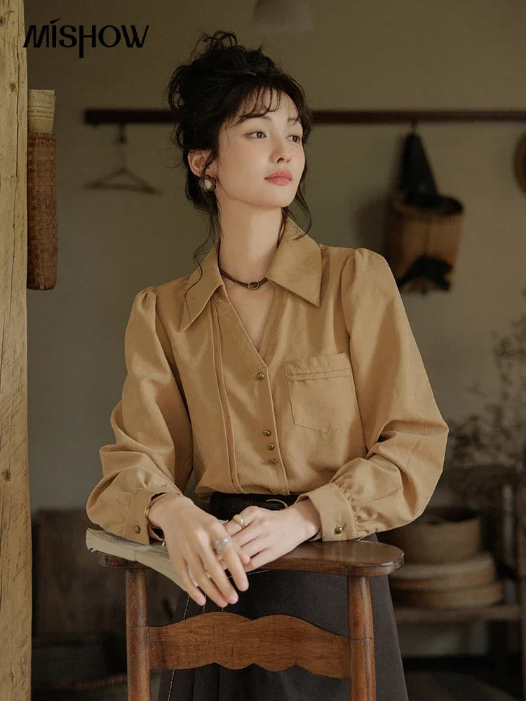 MISHOW Women's Long Sleeved Shirt 2024 Autumn French Minimalist Lapel V Neck Commuter Shirt Retro Button Office Lady MXD43C0306