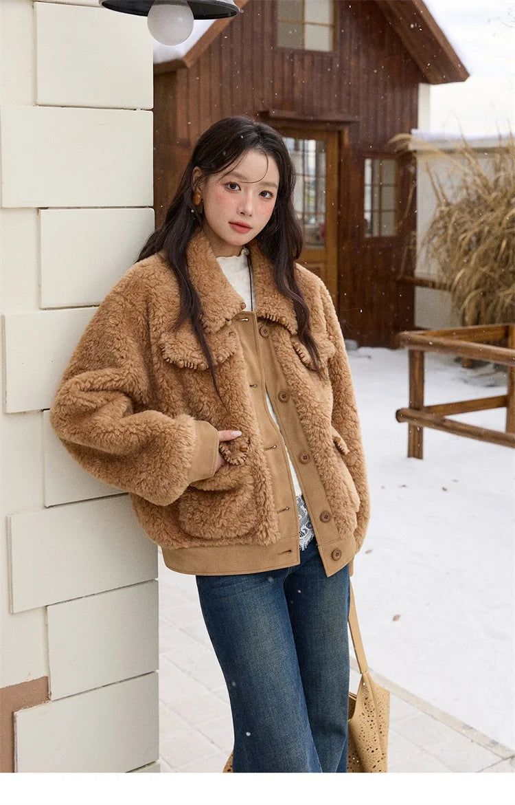 MISHOW Faux Lambskin Coat Women 2025 Winter Retro Turn-down Collar Brown Coat Office Lady Loose Warm Casual Jackets MXE89W0896