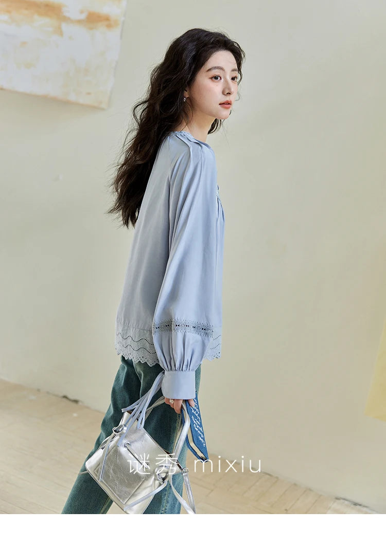 MISHOW Blue Lace Patchwork Shirt for Women 2025 Spring Sleeve Lace-up Hem Wave Edge Top Lantern Sleeve Loose Shirt MXE14X1716