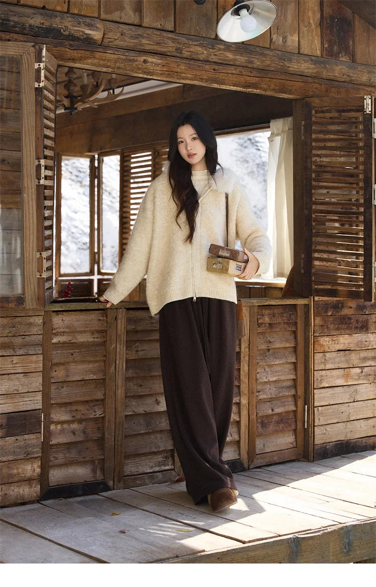 MISHOW Women's Beige White Cardigan Winter Fur Hood Zipper Warm Loose Outerwear Towel Embroidered Knitted Cardigan MXE94Z2963