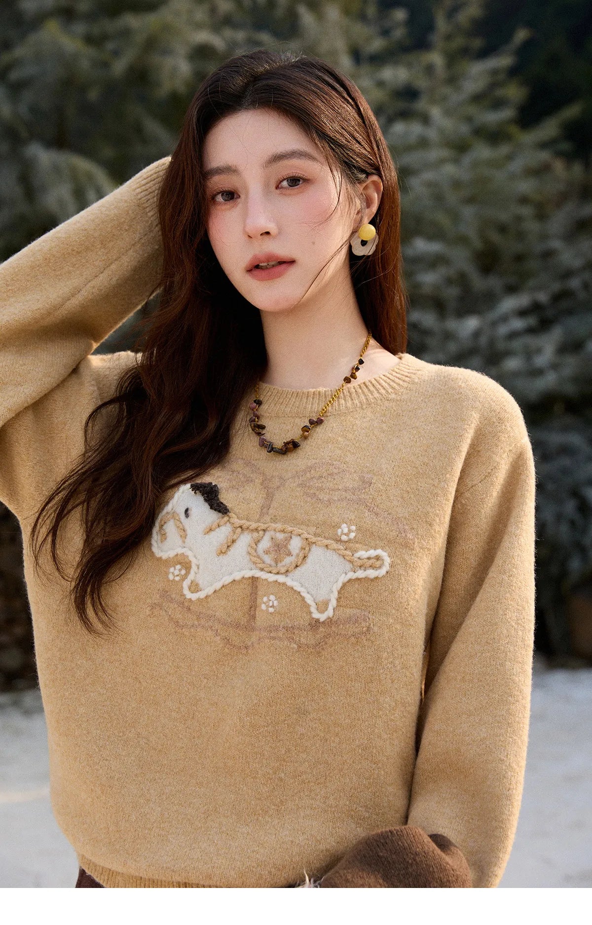MISHOW Handmade Embroidered Jacquard Sweater for Women in Autumn Winter 2025 Thick Pony Knitted Pullover Sweaters MXE92Z2848