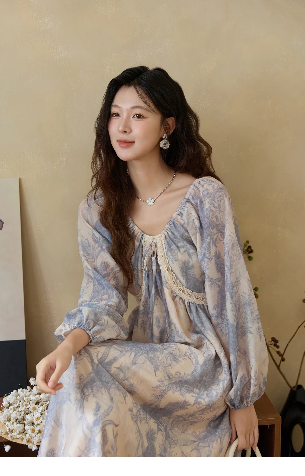 MISHOW Woman Elegant Dress 2025 Autumn Romantic Blue Floral Dress Lace Panel Drawstring A-line Long Dress Autumn MXE45L2507