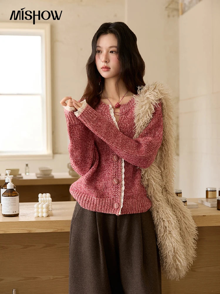 MISHOW Knitted Cardigan Women 2025 Autumn Winter Elegant Lace V-neck Single-breasted Sweater Commute Long Sleeves Top MXE51Z2548