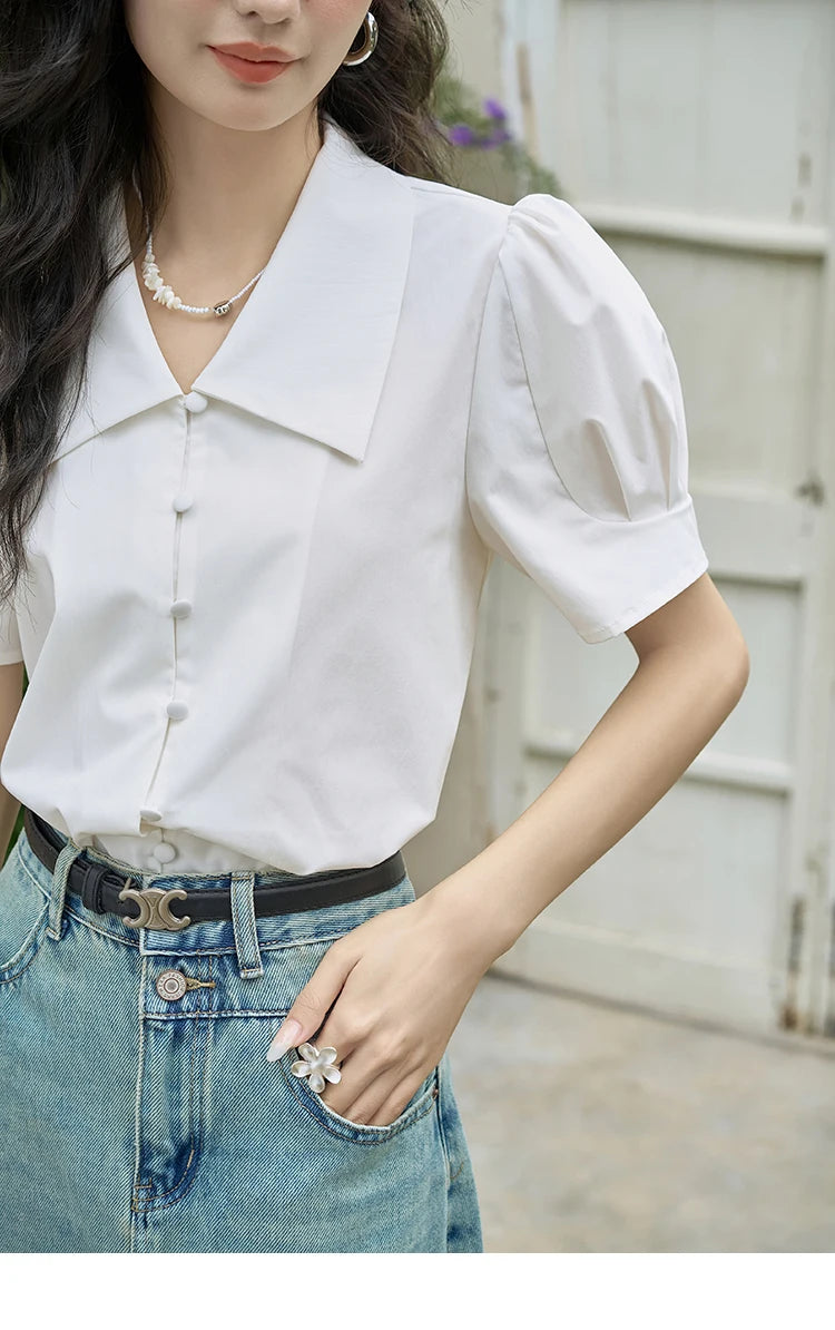 MISHOW Bubble Sleeve V-neck Commuting Shirts for Women 2025 Summer Retro Lapel Neck Short Sleeve Loose Solid Tops MXD28X1471