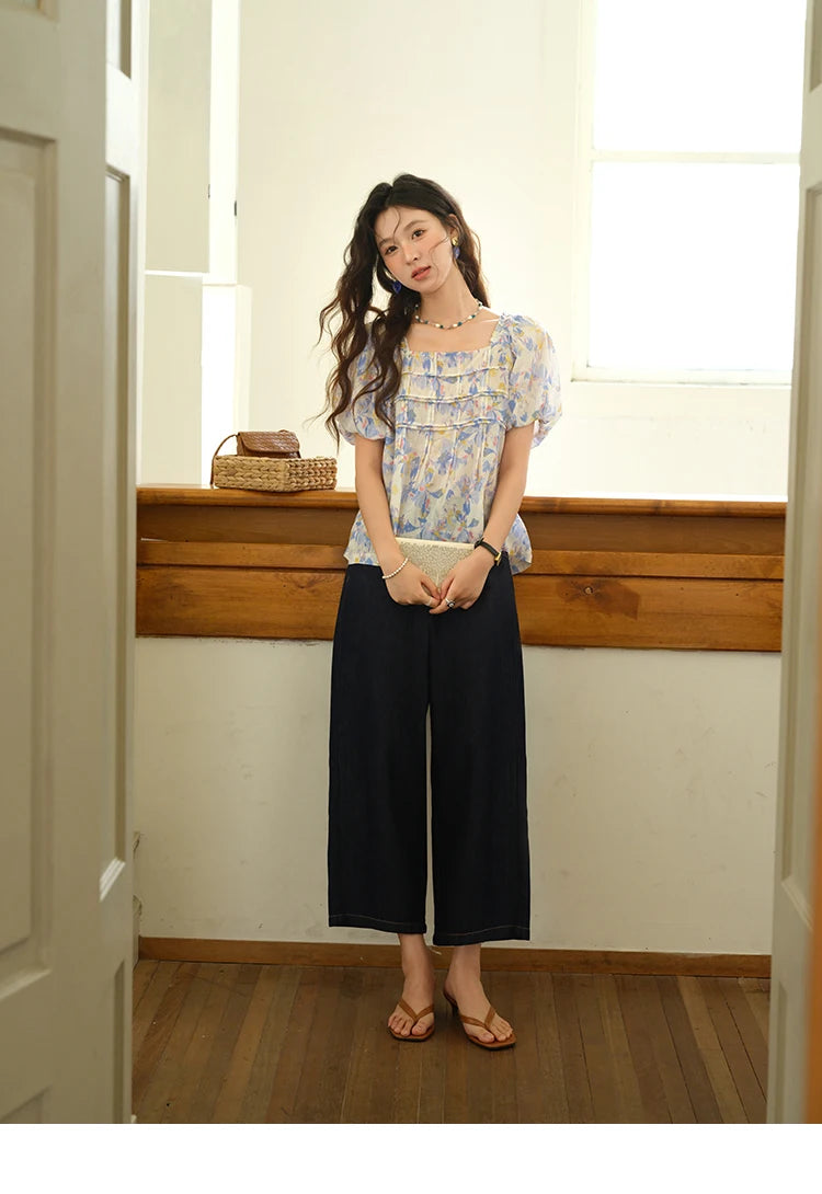 MISHOW Fashion Square Neck Puff Sleeve Blouse for Women 2025 Summer New French Sweet Loose Print Top Ladies Clothing MXE39X1937