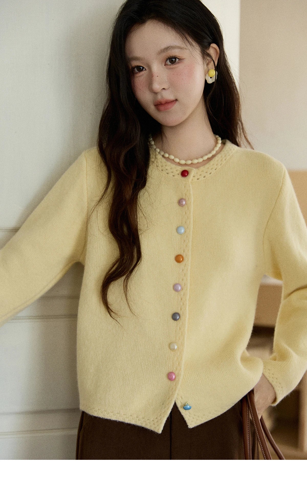 MISHOW Women's Cardigan 2025 Slim Fit Hollow Out Round Neck Rainbow Button Sweater French Style Solid Warm Knitwear MXE90Z2796