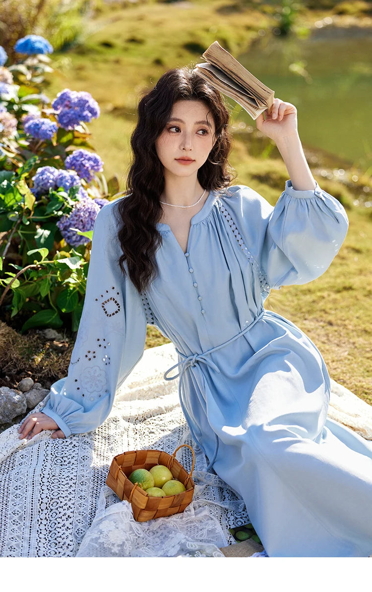 MISHOW French Hollow Lace Dress for Women 2025 Spring Vacation Slim Waist V-neck Dresses Loose Beach Fairy Dresses MXE12L2091