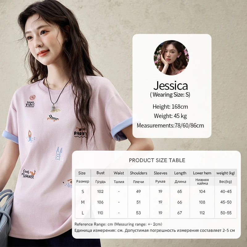 MISHOW Embroidered Casual T-shirt for Women Summer 2025 Short Sleeve Round Neck Shirts Female New Fashion Tops Lady MXE16T0506