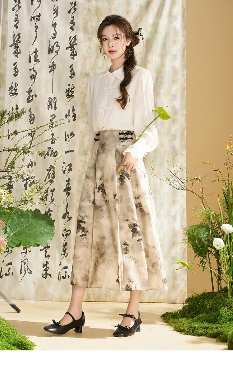 MISHOW Chinese Style Lapel Shirt 2024 Spring Retro Button Pearl Embellishments Folded Cuffs Petal Sleeve Loose Top MXD11X1344