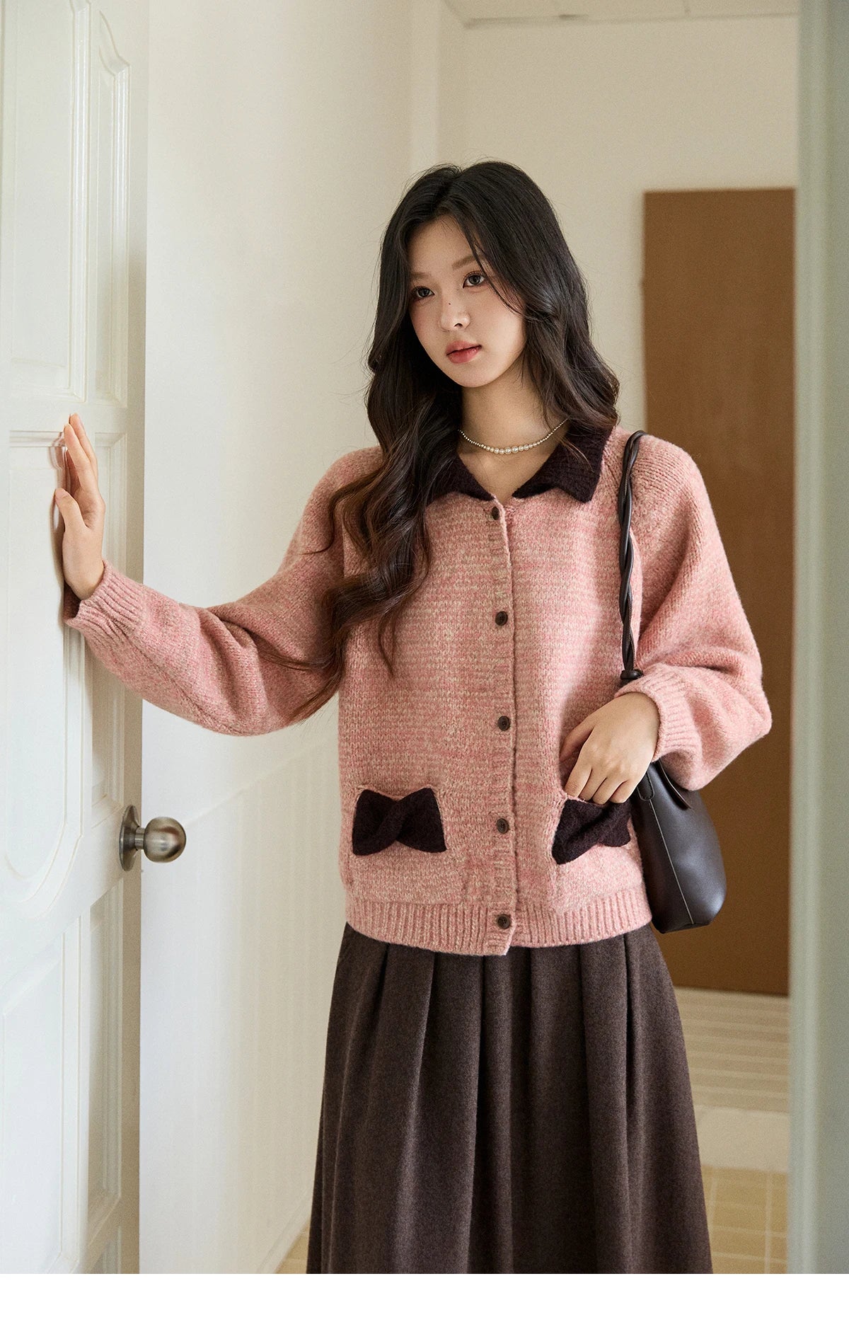 MISHOW Women's Pink Knitted Cardigan Autumn Winter Contrast Collar Bow Pocket  Top Single-breasted Loose Warm Sweater MXE94Z2957