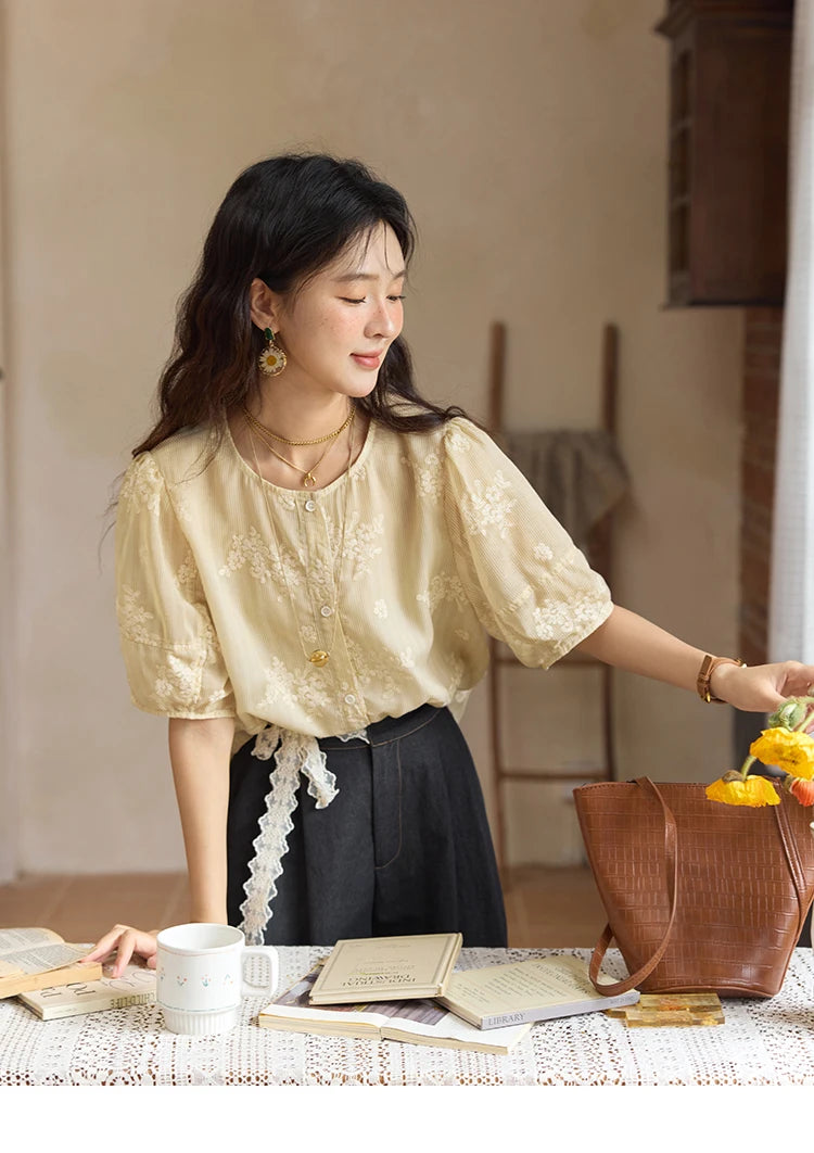 MISHOW French Retro Embroidered Floral Blouse for Women Summer 2025 Round Neck Single Breasted Top Puff Sleeve Blouse MXE36X1874