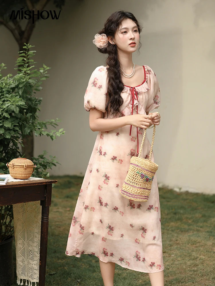 MISHOW Korean Floral Bubble Sleeve Lace-Up Dress MXD31L1924