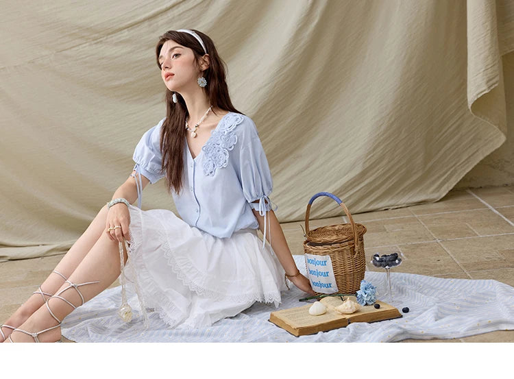 MISHOW French New Shirts Women Summer 2025 Solid Short Sleeve V-neck Embroidered Loose Blouses Female Loose Versatile MXE31X1774