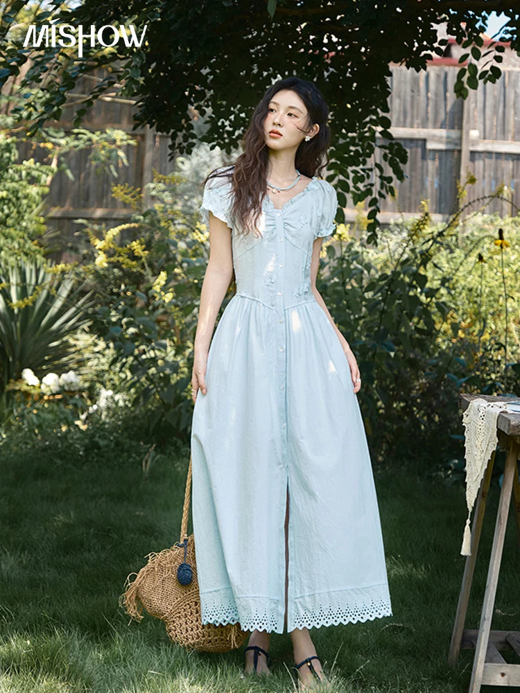 MISHOW Fashion V-neck Dress for Women 2025 Summer New Female Mushroom Edge Embroidery Splicing Button Casual Dresses MXE39L2407