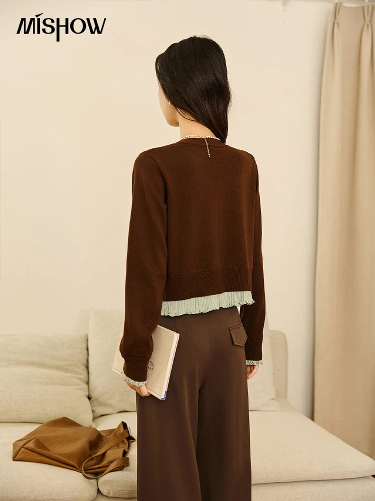 MISHOW Pullover Women 2025 Autumn Winter Retro Fake 2 Pieces Round Neck Color-blocked Lace Trim Knit Sweater Slim Top MXE46Z2545