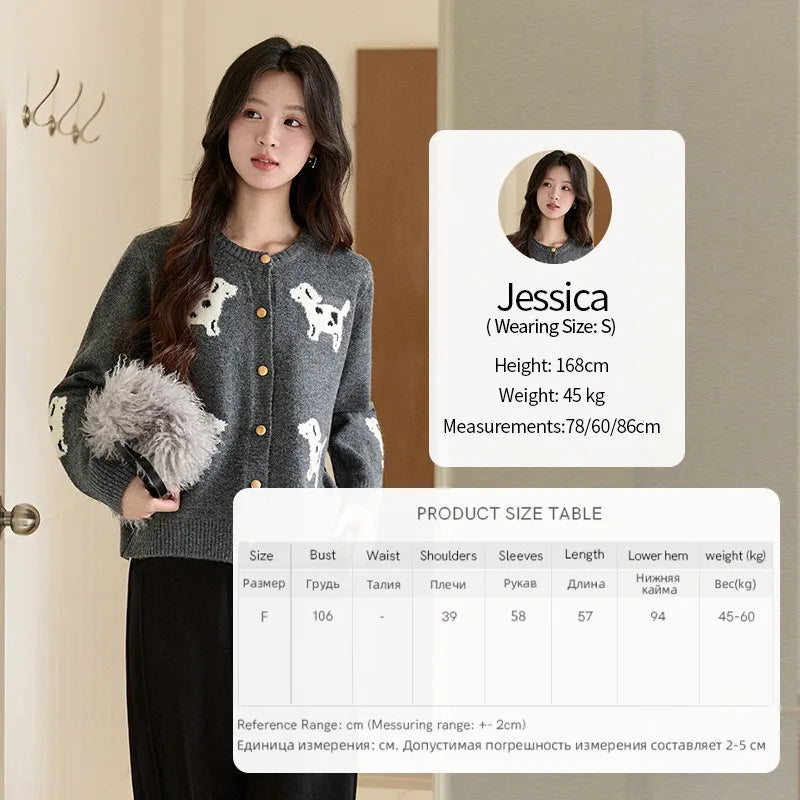 MISHOW Women's Puppy Jacquard Knit Cardigan 2025 Winter Single-breasted Crew Neck Top Warm Loose Sweaters Office Lady MXE93Z2950