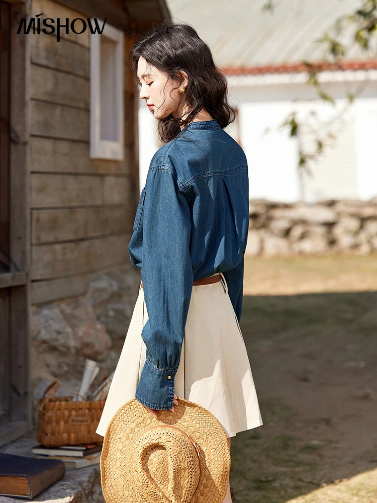 MISHOW 100 Cotton Denim Shirt French Retro Long Sleeved Shirt for Women 2025 Spring Loose Fit O Neck Casual Shirt Top MXE12C0384