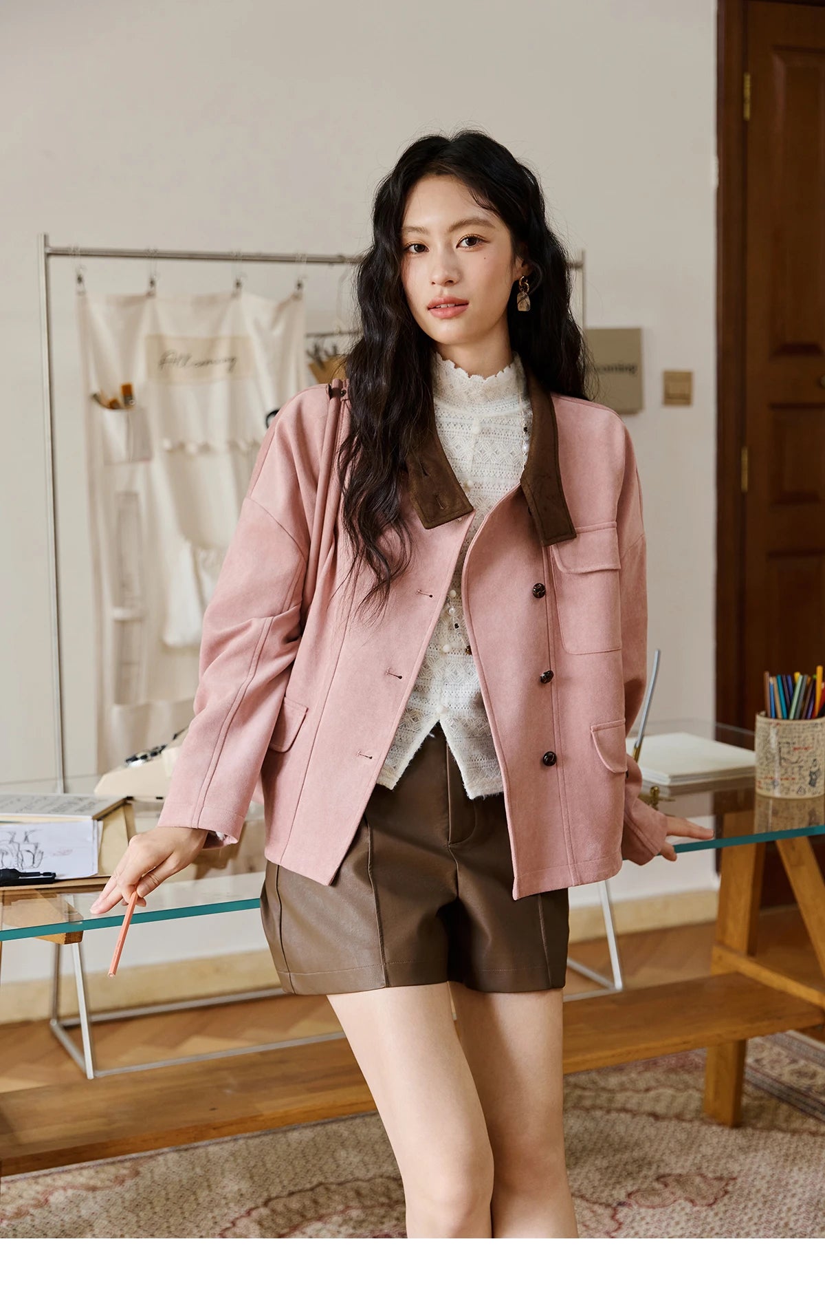 MISHOW Woman Jacket 2025 Autumn French Style Pink Coffee Suede Jacket Contrast Color Stand Collar Loose Short Coat MXE48W0851