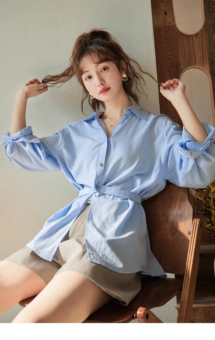 MISHOW Women's Casual Loose Shirt 2023 Autumn Turn-down Collar Embroidery Hollowed Out Single Breasted Mid Length Top MXC41C0077
