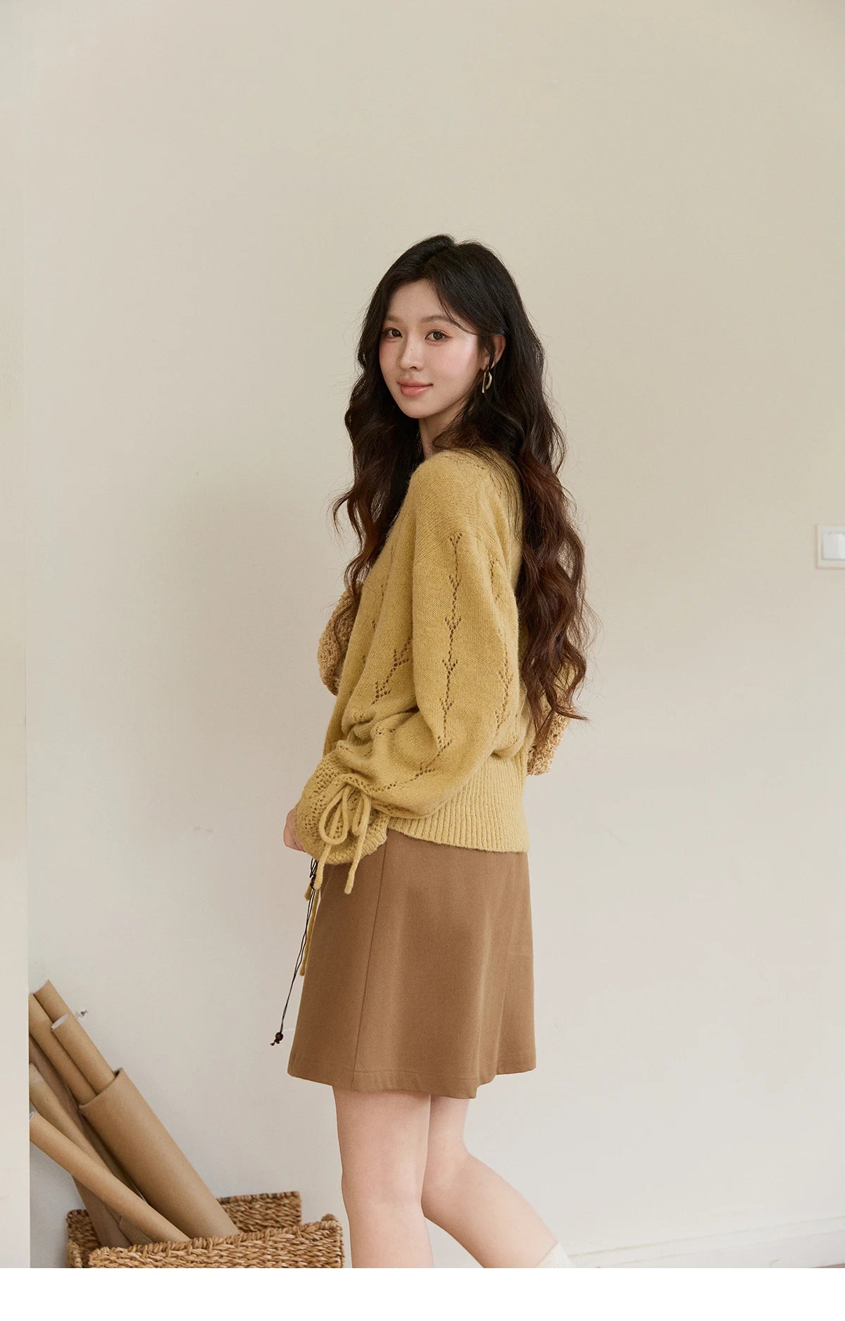 MISHOW Women's Yellow Knitted Cardigan 2026 Spring Hollow Out V-Neck Drawstring Waist Long Sleeve Casual Loose Tops MXF108Z1022