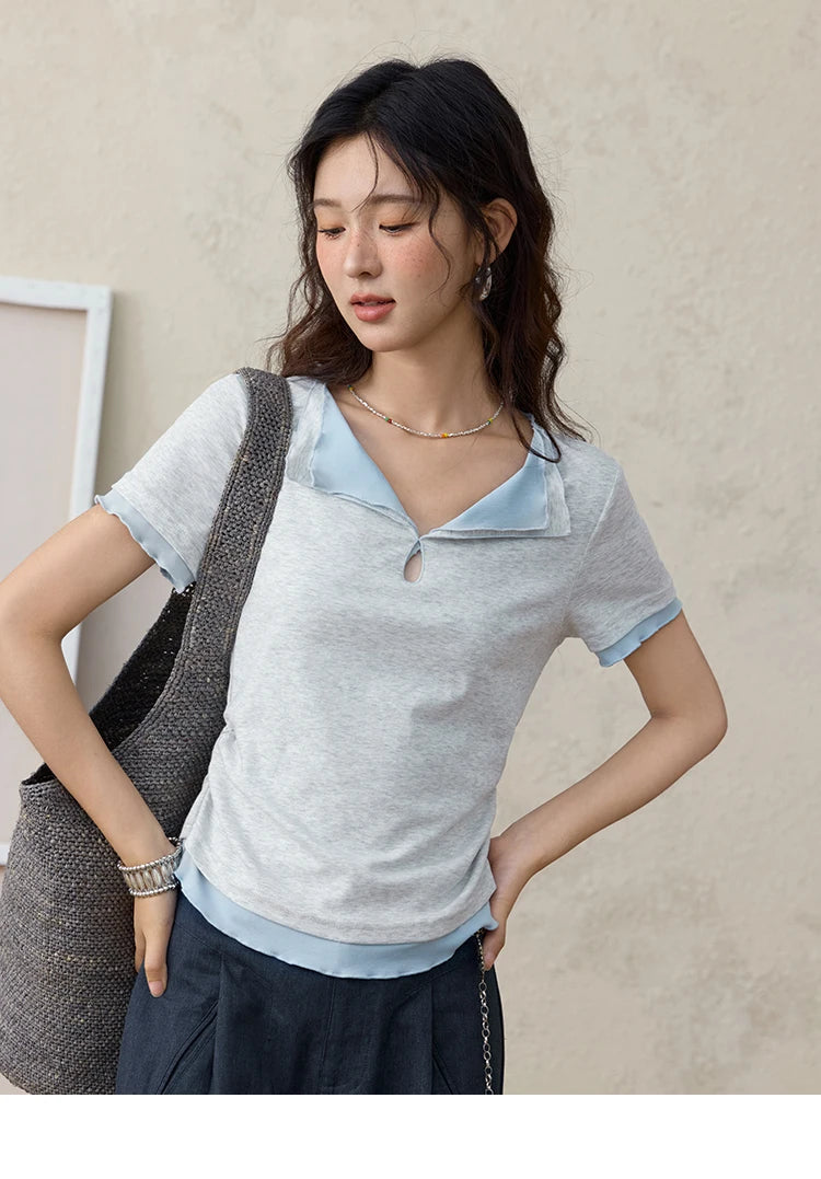 MISHOW Grey Blue Fake Two Piece Contrasting T-shirt for Women Summer 2025 Lapel Wavy Edge Slim Tees Cotton Blend Top MXE35T0567