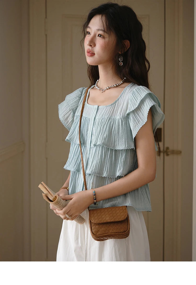 MISHOW Butterfly Sleeve Chiffon Shirt Women's 2025 Summer New Women's Clothing Retro Square Neck Button Casual Shirt MXD30X1488