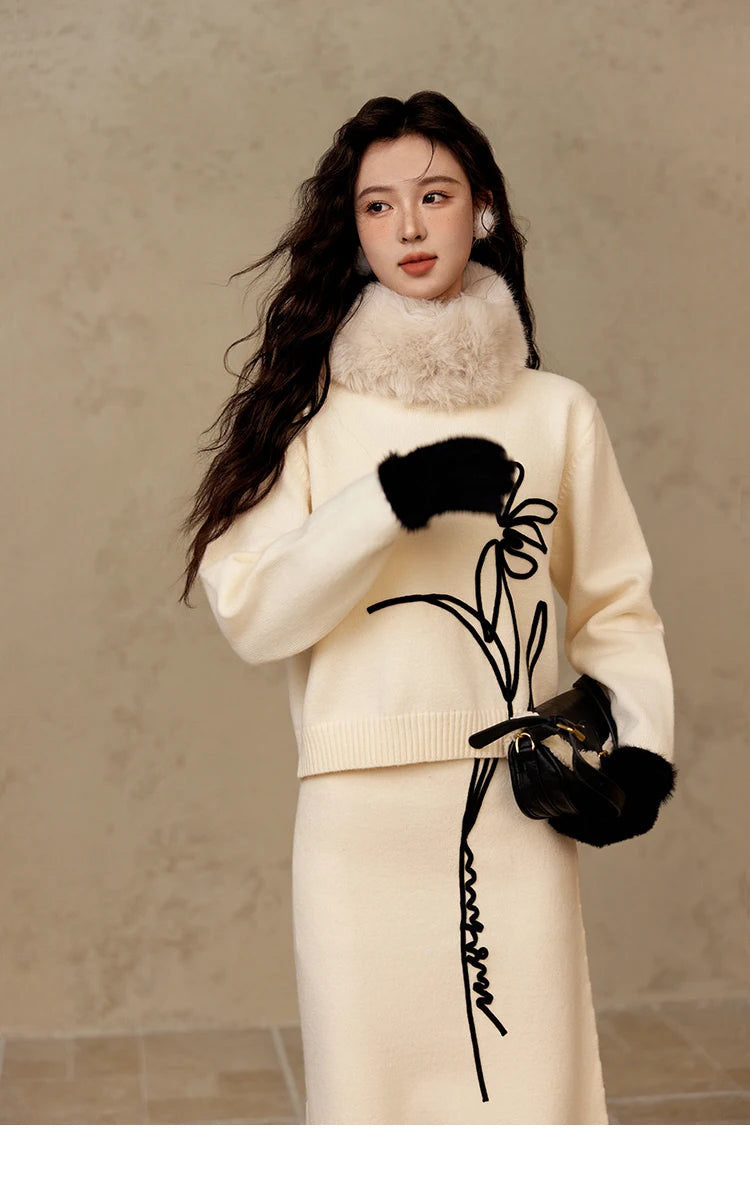 MISHOW French Skirt Sets Embroidery Spliced Contrast Color Two Piece Sets Women High Waist Midi Skirt Knitted Tops MXD57T0463