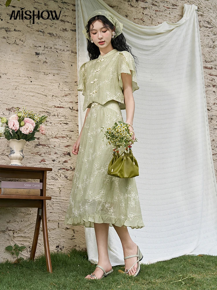 MISHOW Chinese Green Stand Collar Lotus Leaf Overlapping Sleeve Top Hem Stringy Selvedge Skirt Separately 2024 Summer MXD22X1388